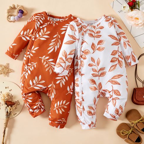 Baby Girl Leaves Print White/Brown Long-sleeve Jumpsuit