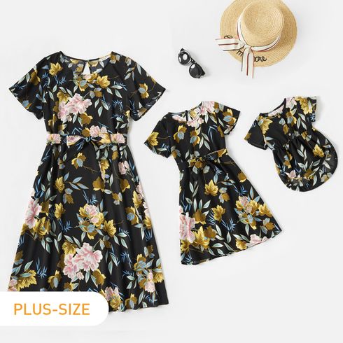 Floral Print Black Crewneck Short-sleeve Belted Chiffon Dress for Mom and Me