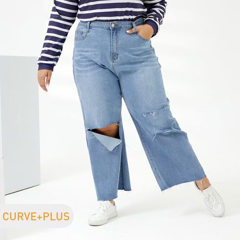 Women Plus Size Casual Cutout Blue Ripped Denim Jeans