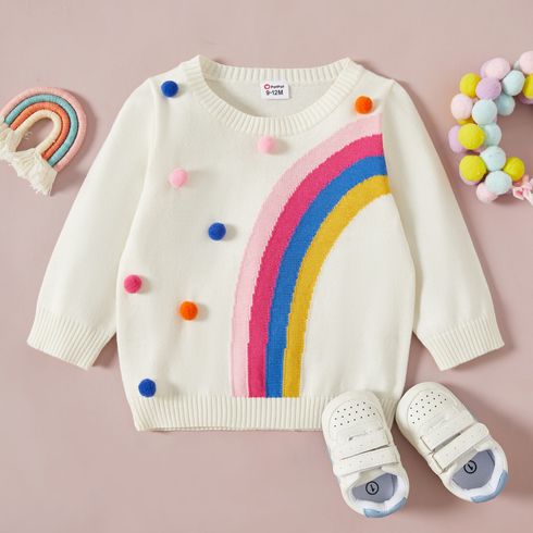 Baby Girl Rainbow Pattern Pom Poms White Long-sleeve Knitted Sweater