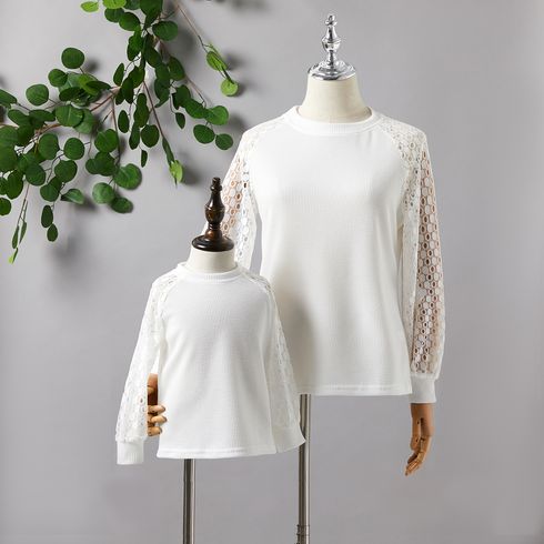 Solid White Lace Splicing Long Sleeve Tops for Mom and Me