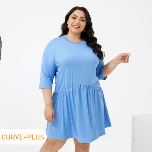 Women Plus Size Casual Round-collar Blue Dress