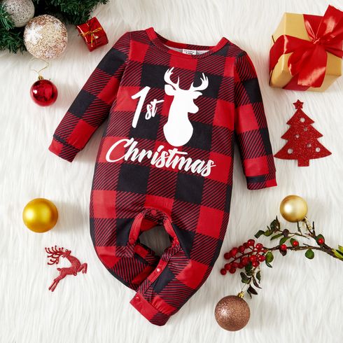 Christmas Baby Girl / Boy Deer & Letter Print Plaid Long-sleeve Jumpsuit