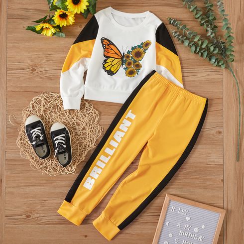 2-piece Kid Girl Butterfly Print Colorblock Pullover and Letter Print Pants Casual Set
