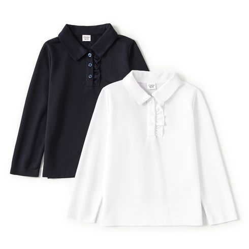 Kid Girl Ruffled Button Design Long-sleeve Solid Polo Shirt