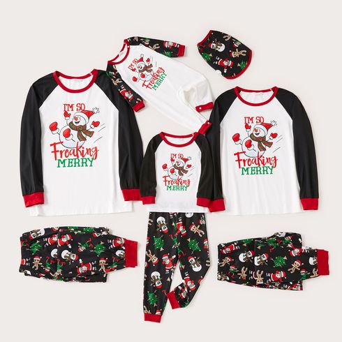 Christmas Snowman and Letters Print Black Family Matching Long-sleeve Pajamas Sets (Flame Resistant)