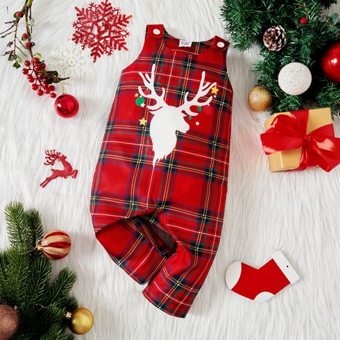 Christmas Reindeer Print Red Plaid Baby Boy/Girl Sleeveless Overalls