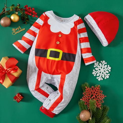Christmas 2pcs Baby Girl Red Striped Long-sleeve Jumpsuit Santa Outfits Set
