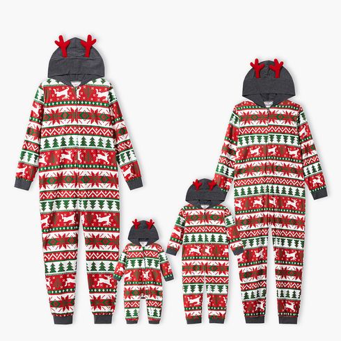 Family Matching Christmas All Over Print Red 3D Antlers Hooded Long-sleeve Onesies Pajamas Sets (Flame Resistant)