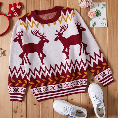 Kid Girl Christmas Deer Geo Pattern Colorblock Knit Sweater