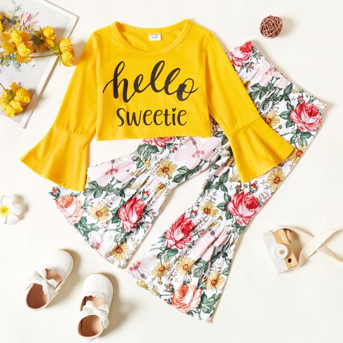 2-piece Toddler Girl Letter Print Bell sleeves Tee and Floral Print Flared Pants Set