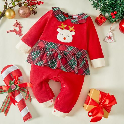 Christmas Moose Embroidered Plaid Splicing Doll Collar Ruffle Long-sleeve Baby Girl Fleece Jumpsuit