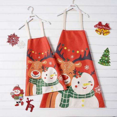 Christmas Deer and Snowman Print Red Apron for Mom and Me