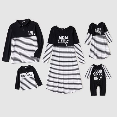 Family Matching Striped Splicing Long-sleeve Letter Print Cotton Dresses and Polo Shirts Sets