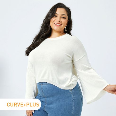 Women Plus Size Casual Round-collar White Crop Sweater