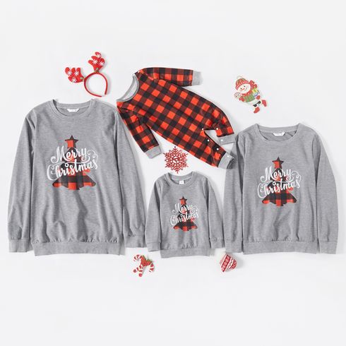 Christmas Letter and Plaid Print Grey Family Matching Long-sleeve Sweatshirts