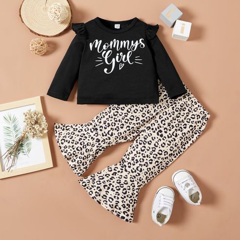 2pcs Baby Girl Letter Print Ruffle Long-sleeve T-shirt and Leopard Bell Bottom Pants Set