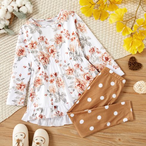 2-piece Toddler Girl Floral Print High Low Long-sleeve Top and Polka dots Pants Set
