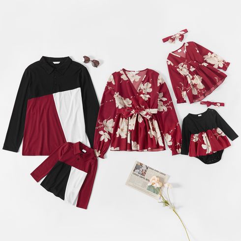 Floral Print Red Family Matching V-neck Long-sleeve Blouses and Colorblock Polo Shirts