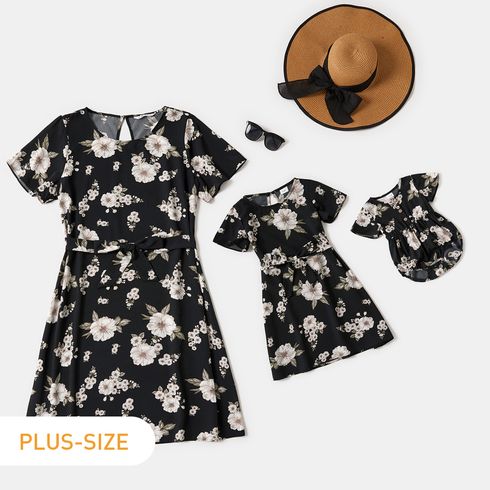 Floral Print Black Short-sleeve Belted Midi Dress for Mom and Me