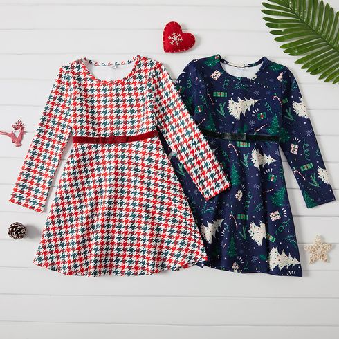 Kid Girl Bowknot Design Christmas Tree Print/Houndstooth Long-sleeve Dress