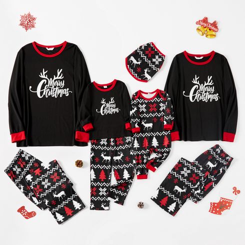 Christmas Colorblock Splice Antlers Letter Print Long-sleeve Family Matching Pajamas Sets (Flame Resistant)