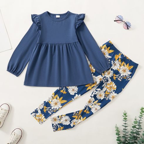 2-piece Kid Girl Ruffled Long-sleeve Denim Color Knit Blouse and Floral Print Leggings Set