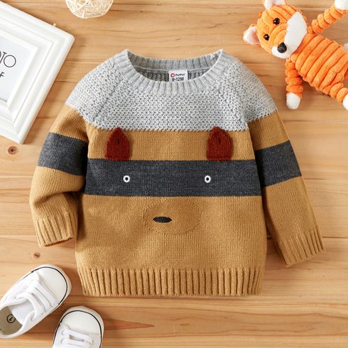 Baby Boy Cartoon Raccoon Pattern 3D Ears Color Block Long-sleeve Knitted Sweater