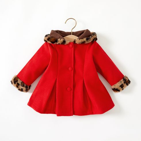 Baby Red Long-sleeve Button Down Leopard Hooded Wool Blend Coat