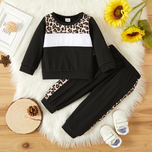 2pcs Baby Girl Leopard Splicing Color Block Long-sleeve Sweatshirts and Trousers Set