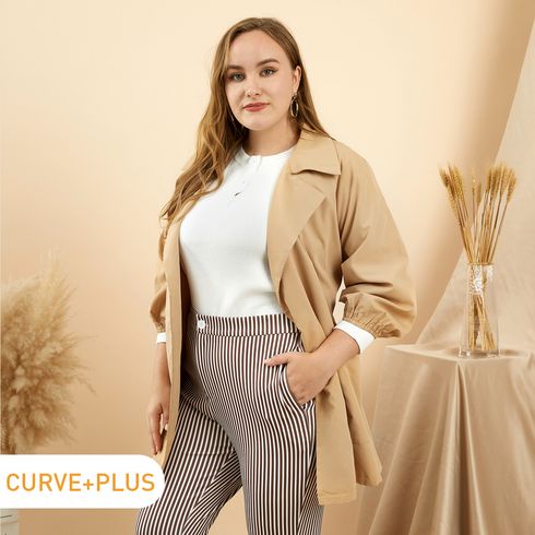 Women Plus Size Basics Shawl Collar Tie Belt Pocket Design Khaki Short Trench Coat