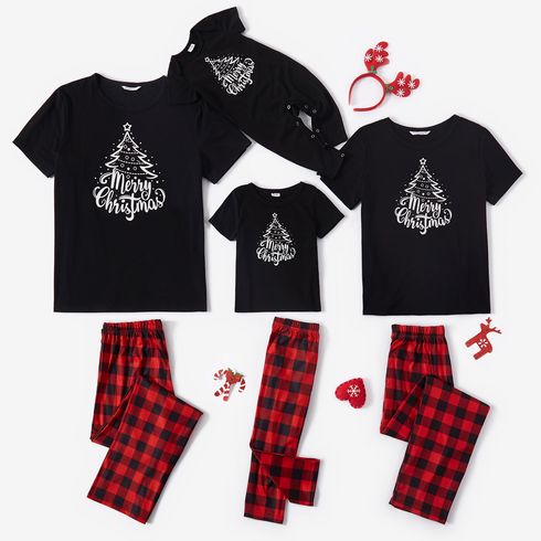 Christmas Tree and Letter Print Family Matching Black Short-sleeve Plaid Pajamas Sets (Flame Resistant)