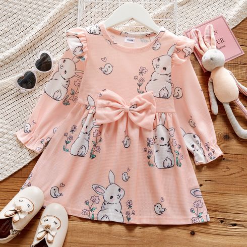 Toddler Girl Bowknot Design Rabbit Bird Floral Print Long-sleeve Dress