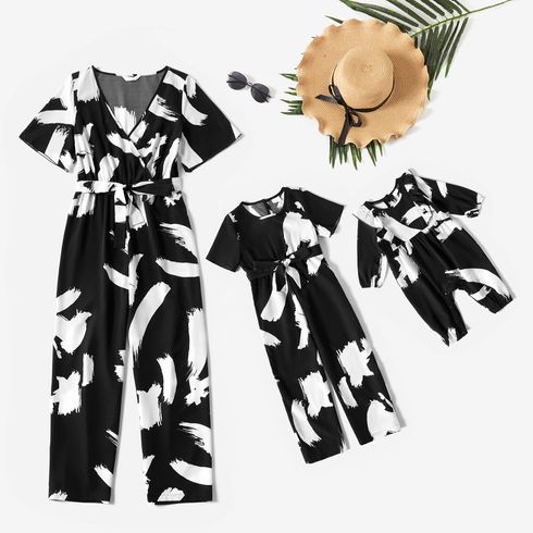 Graffiti Print Black Cross Wrap V Neck Short-sleeve Belted Jumpsuit for Mom and Me