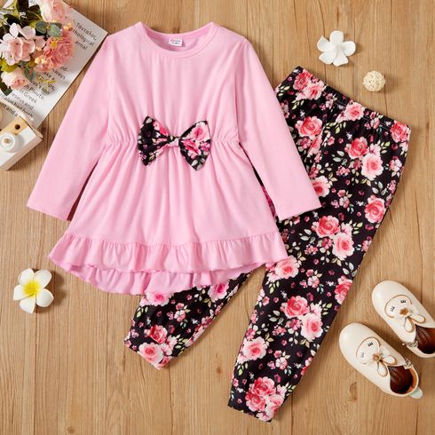 2-piece Toddler Girl Bowknot Design Ruffle Hem Long-sleeve Pink Top and Floral Print Pants Set