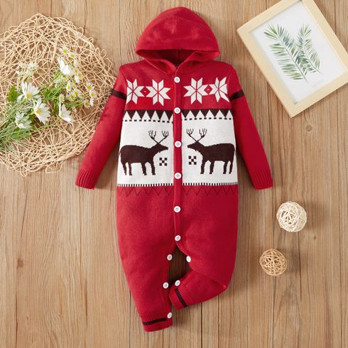 Christmas Reindeer Pattern Red Long-sleeve Hooded Baby Knitted Jumpsuit