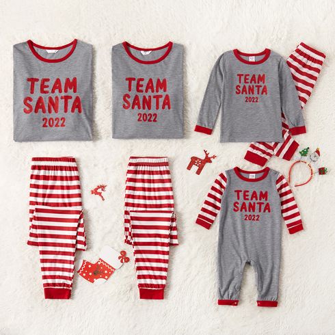 Christmas Letter Print Grey Family Matching Long-sleeve Striped Pajamas Sets (Flame Resistant)