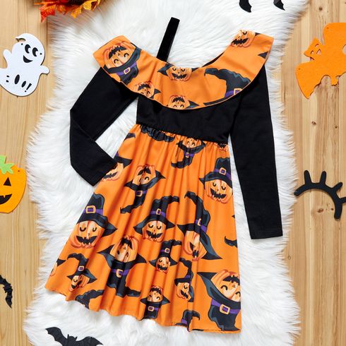Kid Girl Halloween Pumpkin Print Flounce One Shoulder Strap Long-sleeve Dress