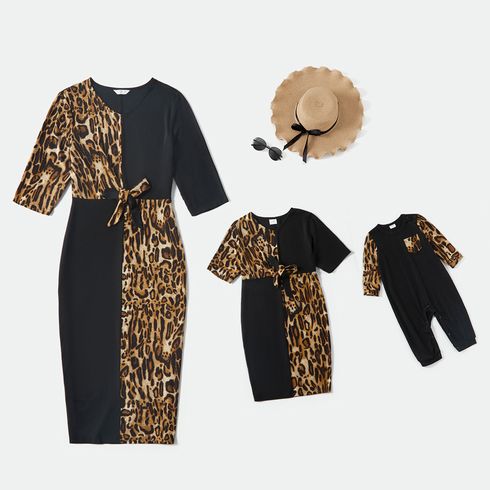 Leopard Splicing Black V Neck Half-sleeve Dress for Mom and Me