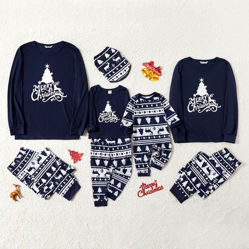 Christmas Tree Reindeer and Letter Print Blue Family Matching Long-sleeve Pajamas Sets (Flame Resistant)