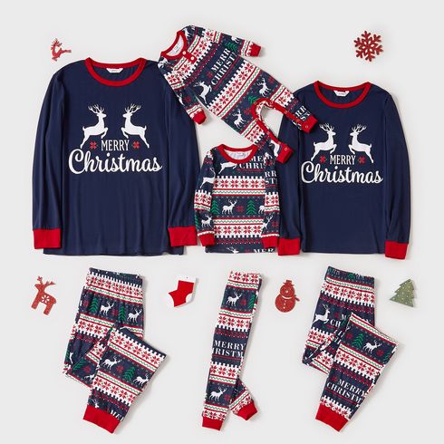 Christmas Reindeer and Letter Print Snug Fit Blue Family Matching Long-sleeve Pajamas Sets