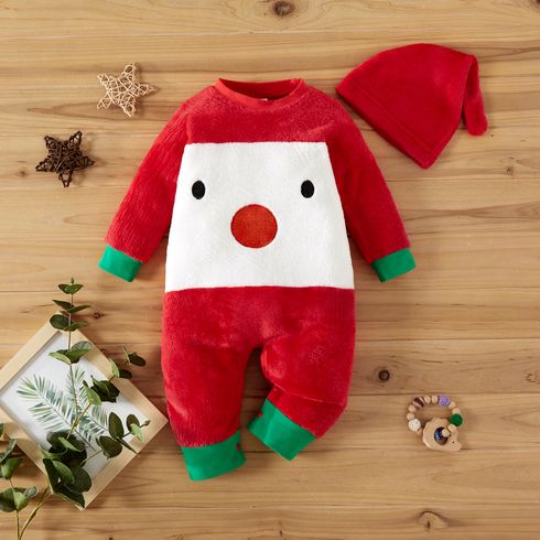 Christmas 2pcs Santa Pattern Red Baby Long-sleeve Fleece Jumpsuit Set