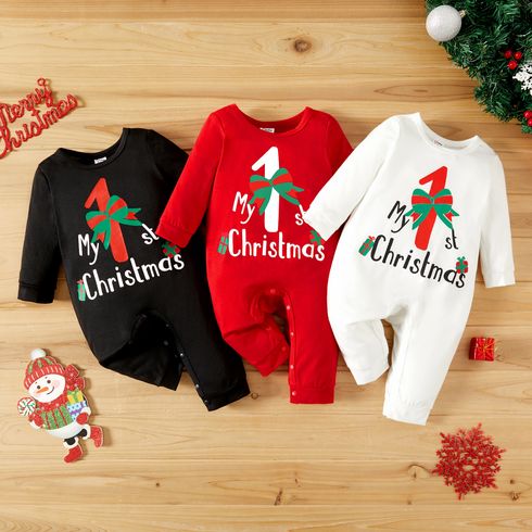 Baby Girl/Boy Christmas Cane and Letter Print Long-sleeve Jumpsuit