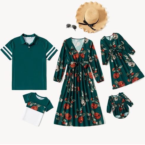 Family Matching Floral Print Dark Green V Neck Long-sleeve Dresses and Short-sleeve T-shirts Sets