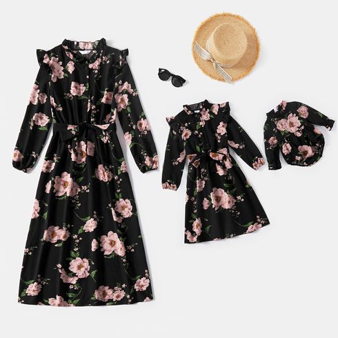 Floral Print Black Ruffle Long-sleeve Belted Midi Dress for Mom and Me