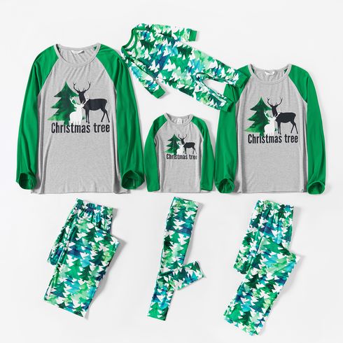 Christmas Tree Reindeer and Letter Print Snug Fit Green Family Matching Raglan Long-sleeve Pajamas Sets