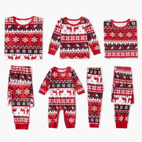 Christmas All Over Snowflake Print Red Family Matching Long-sleeve Pajamas Sets (Flame Resistant)