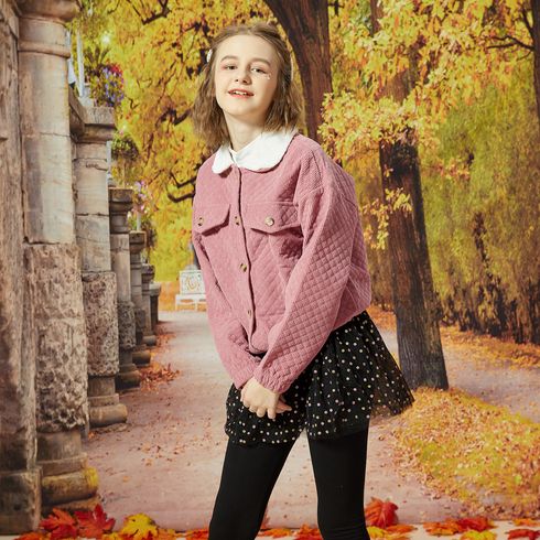 Kid Girl Fuzzy Lapel Collar Button Design Textured Jacket Coat