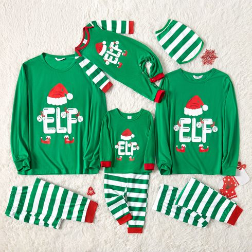 Christmas Elf Letter Print Green Family Matching Long-sleeve Striped Pajamas Sets (Flame Resistant)