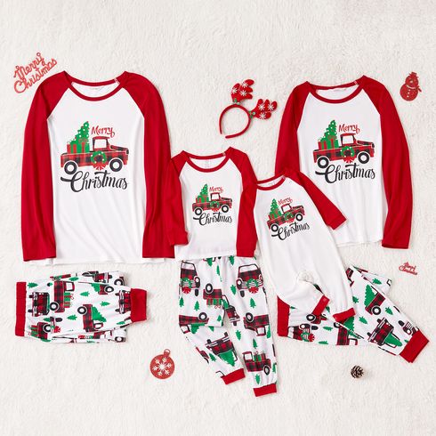 Christmas Tree Car and Letter Print Family Matching Red Raglan Long-sleeve Pajamas Sets (Flame Resistant)
